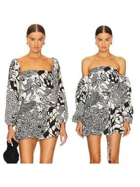 NEW Alexis Ellora Printed Off-the-shoulder Mini Dress Black Size: Extra Small